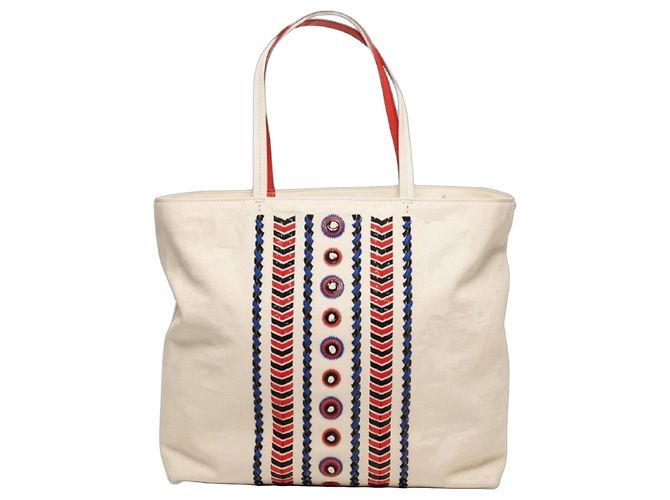 Sac cabas Tory Burch en cuir blanc brodé et orné Rouge Bleu