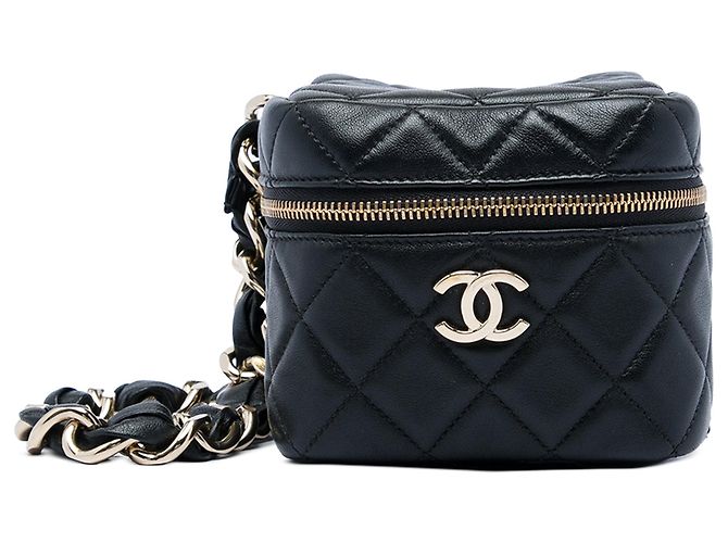Schwarze Chanel CC gesteppte Lammhaut Cube Wristlet Vanity Case