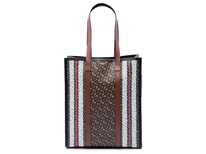 Tote verticale a righe in E-Canvas con monogramma TB Burberry marrone