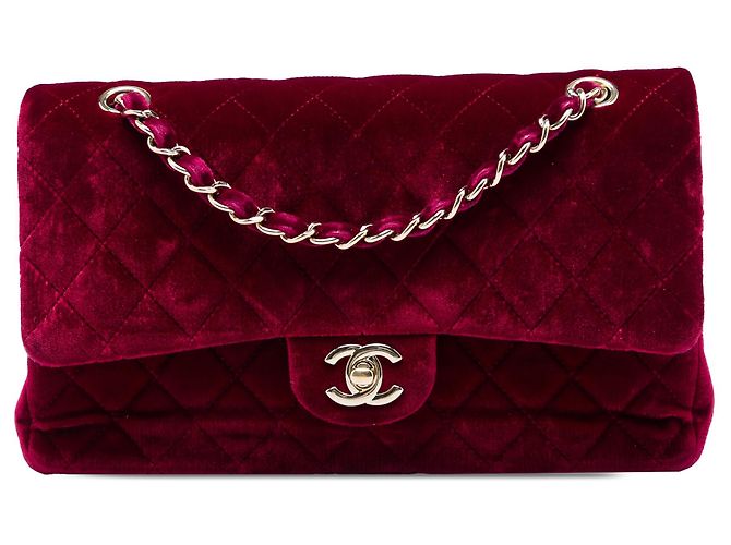 Borsa a tracolla Chanel Medium Classic Velvet Double Flap rossa Rosso