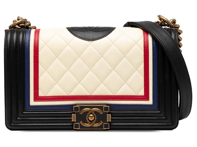 Chanel Old Medium Multicolor Quilted Lambskin Crest Boy Flap Umhängetasche weiß