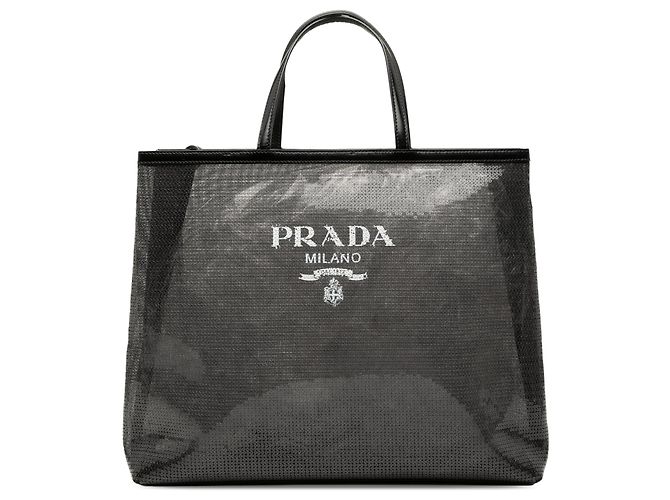 Black Prada Large Sequined Mesh Logo Tote