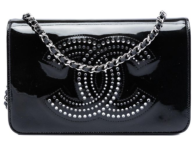 Wallet On Chain Borsa a tracolla Chanel CC in vernice nera con strass Nero