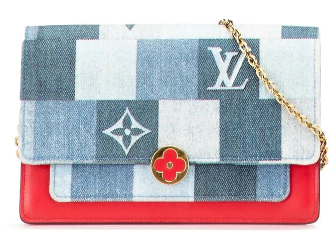 Borsa a tracolla portafoglio con catena Louis Vuitton Monogram Denim Patchwork Fiore blu