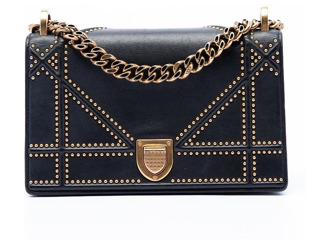 Borsa a tracolla Diorama in agnello borchiato nero Dior Medium
