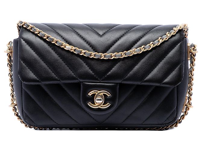 Borsa a tracolla Chanel Mini Rectangular Chevron Lambskin Chain Around Flap nera Nero
