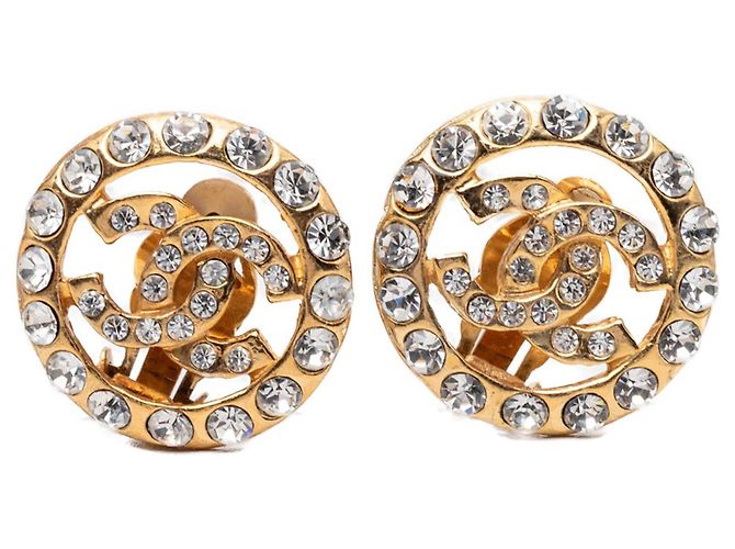 Orecchini a clip rotondi Chanel CC placcati oro e strass D'oro