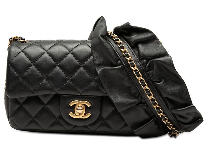 Bolsa transversal Chanel Mini Rectangular Classic Lambskin Romance Single Flap preta Preto