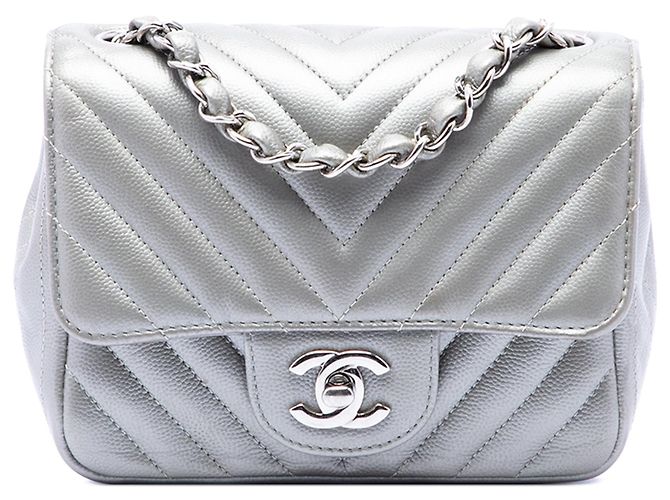 Borsa a tracolla Chanel Mini Square Classic Chevron Caviar argento