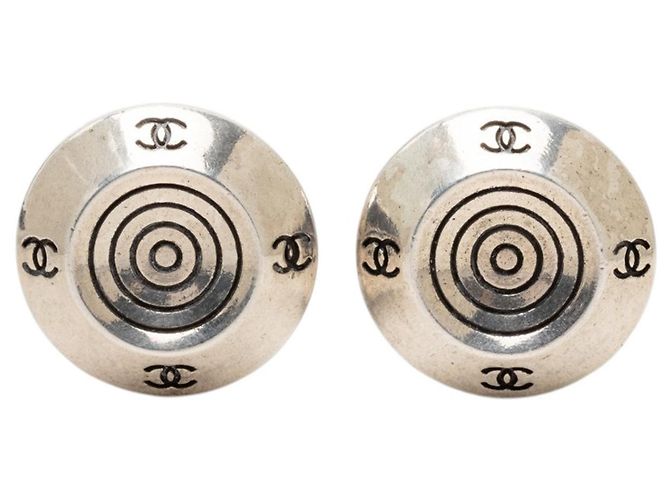 Chanel CC Target Round Clip-On-Ohrringe aus silberfarbenem Messing