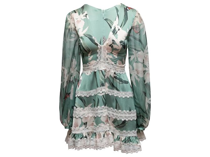 Autre Marque Grünes und cremefarbenes PatBO Mini-Kleid mit Blumenprint Größe US 0