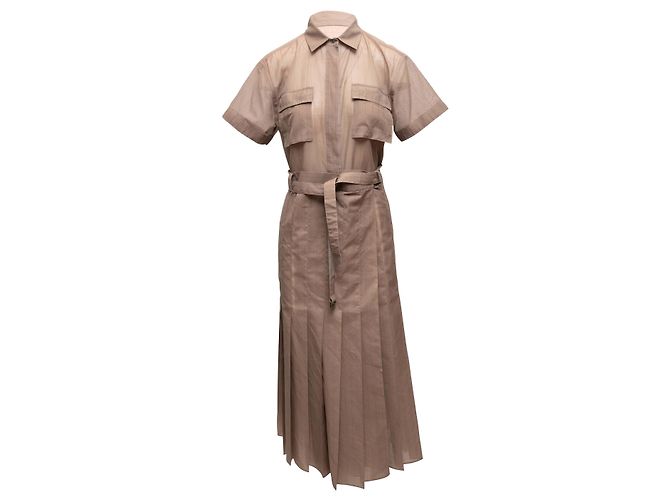 Braunes Sacai Kurzarm-Plissee-Kleid Designer Größe 2