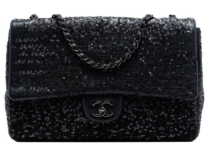 Borsa a tracolla Chanel Jumbo Classic Sequins Single Flap nera Nero