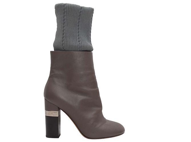 Grey Chanel Leather & Rib Knit Heeled Boots Size 37