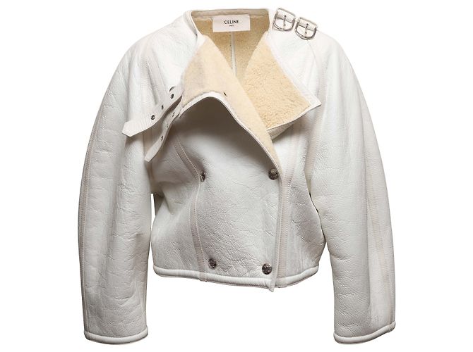 Céline Weiße zweireihige Celine Shearling-Jacke Größe US 6