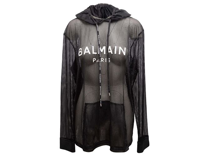 Schwarz-Weiß Balmain Sheer Mesh Kapuzenoberteil Größe US M