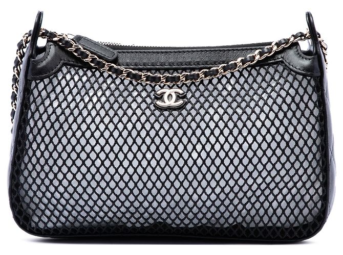 Clutch Chanel CC in mesh e agnello lucido con borsa a tracolla con catena nera Nero