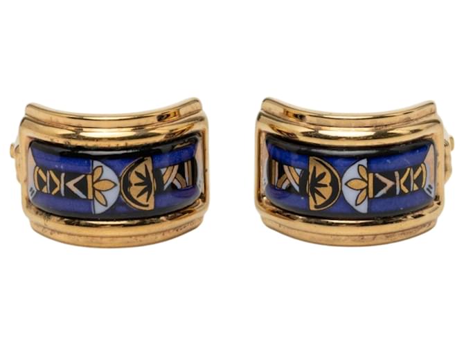 Blue Hermès Gold Plated Enamel Cloisonne Clip On Earrings 