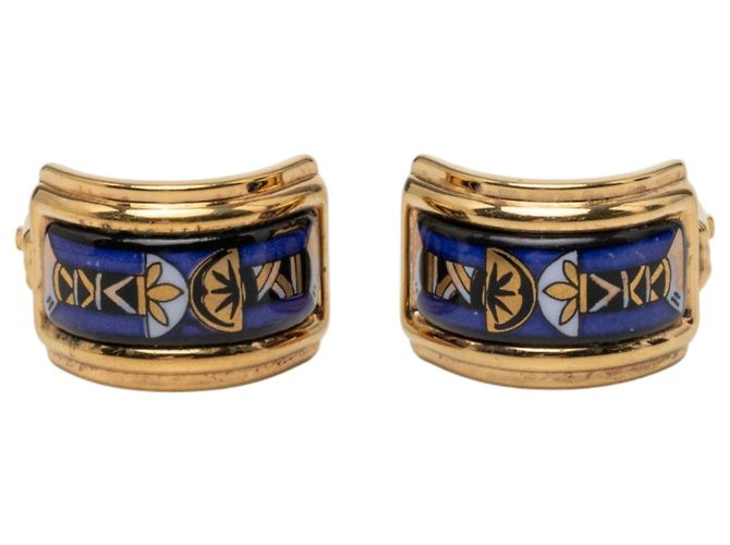 Boucles d'oreilles clips en émail cloisonné et plaqué or bleu Hermès 