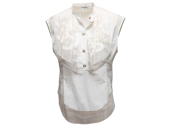 Top sin mangas blanco con volantes Chanel Talla FR 38