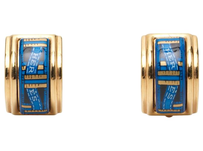 Boucles d'oreilles clips en émail cloisonné bleu Hermès 