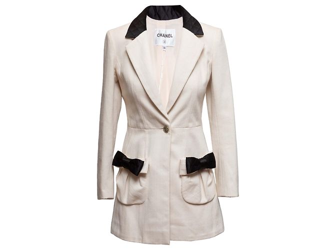 White & Black Chanel Cotton Bow-Accented Longline Blazer Size FR 34