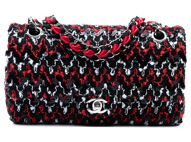 Borsa a tracolla Chanel Medium Classic Tweed con paillettes e doppia patta nera Nero