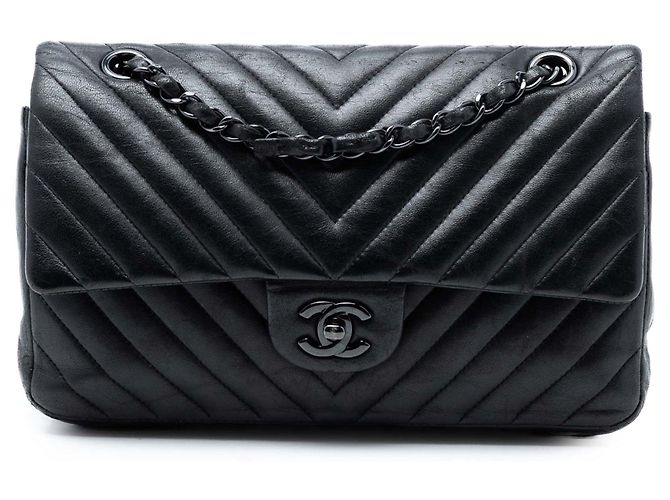 Borsa a tracolla Chanel Medium Classic Chevron Lambskin So Black Double Flap nera Nero