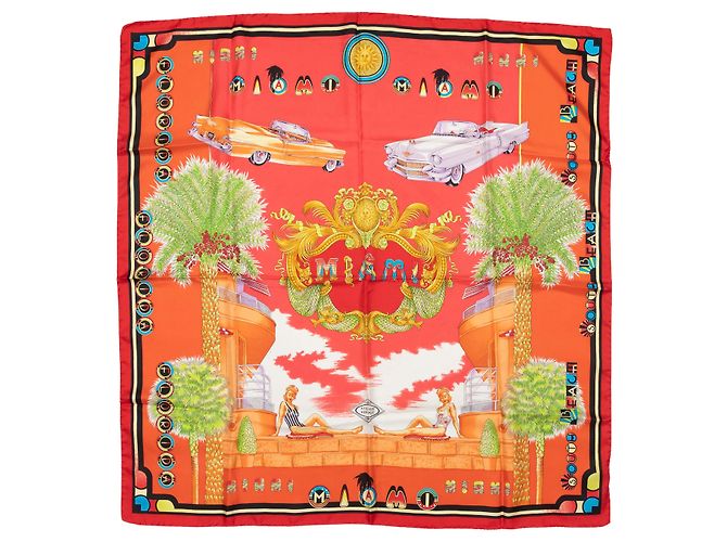 Sciarpa in seta con motivo Versace Miami Beach arancione e multicolore 