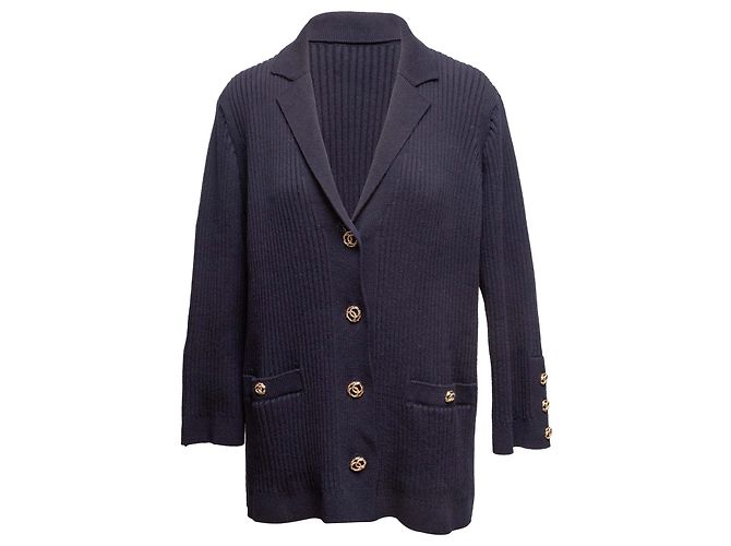Marineblauer Chanel Baumwoll-Rippstrick-Cardigan Größe FR 48