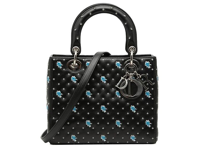 Sac Lady Dior Medium en cuir de veau noir avec fleurs brodées