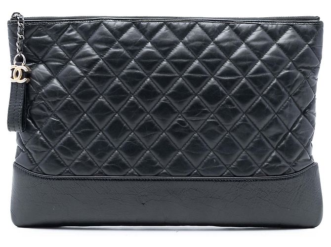 Clutch Chanel Gabrielle O Case in pelle di vitello invecchiata nera Large Nero