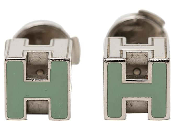 Green Hermès Palladium Plated Enamel Cage dH Cube Push Back Earrings 