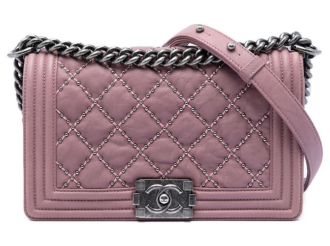 Le Boy Bolsa transversal Chanel Old Medium Boy Flap em couro de bezerro acolchoado e amassado com tachas rosa