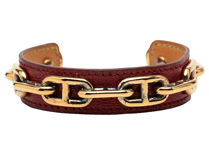 Red Hermès Leather and Gold Plated Chaine d Ancre Cuff Bracelet 