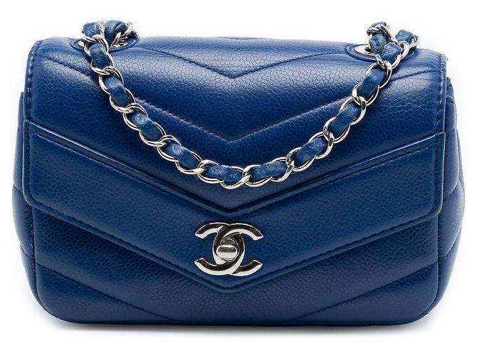 Borsa a tracolla a bustina Chanel Mini Caviar Chevron Data Center Envelope Flap blu