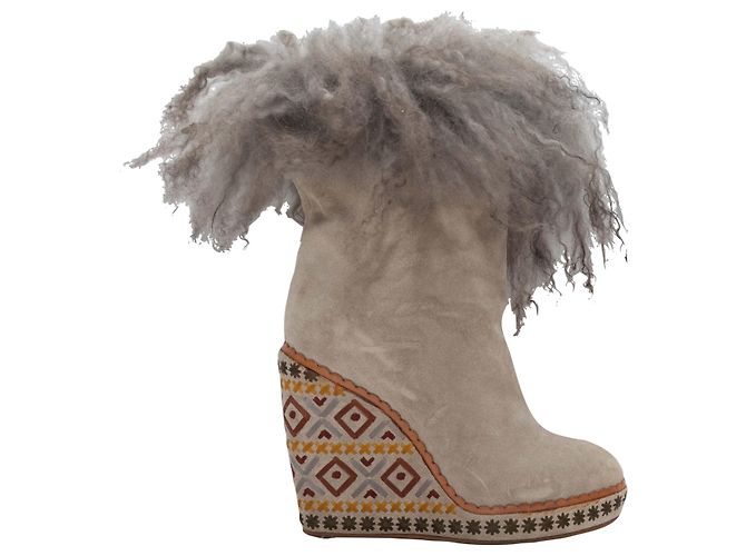 Bottines à talons compensés en daim et fourrure d'agneau grises Alberta Ferretti Taille 38