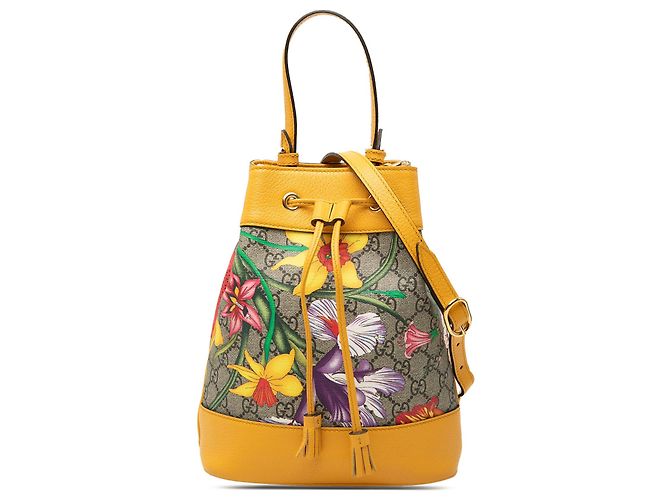 Borsa a secchiello Gucci Small GG Supreme Flora Ophidia beige