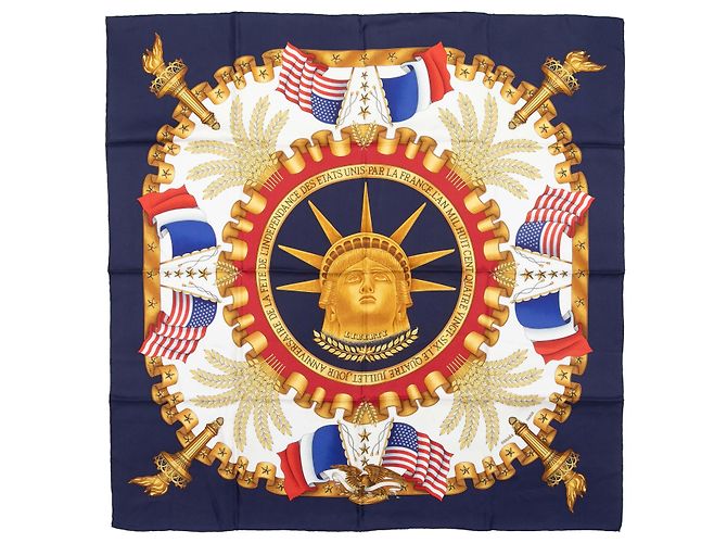 Hermès Sciarpa in seta Hermes Liberty di Joachim Metz con stampa multicolore e blu navy