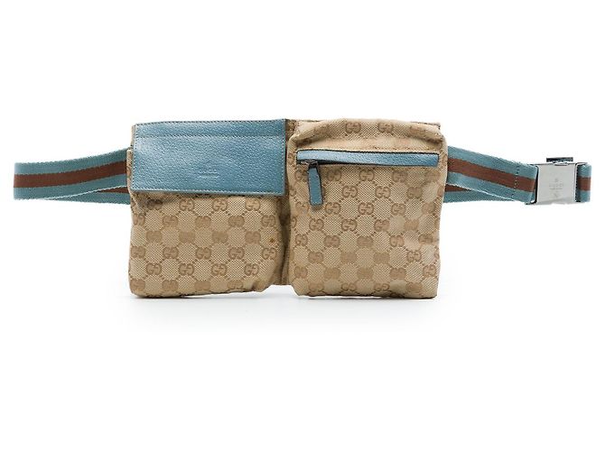Gucci GG Canvas Web Gürteltasche mit Doppelbrust beige
