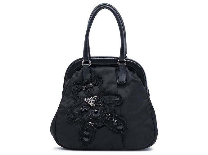 Borsa a mano e a spalla Prada Black Beaded Tessuto Evening Bear Frame Nero