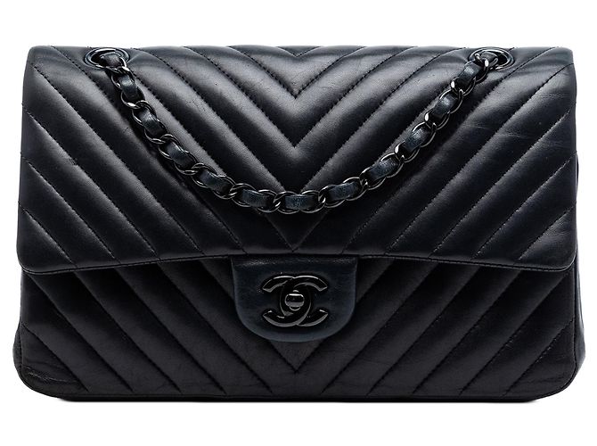 Borsa a Spalla Chanel Medium Classic Chevron Lambskin So Black Double Flap Nero