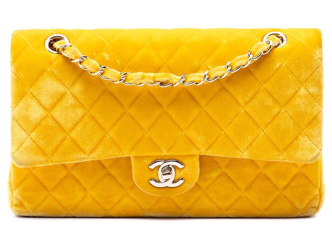 Borsa a tracolla Chanel Medium Classic Velvet Double Flap Gialla Giallo