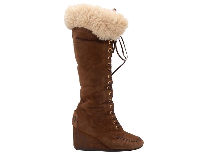 Brown Miu Miu Shearling Knee-High Wedge Boots Size 37.5