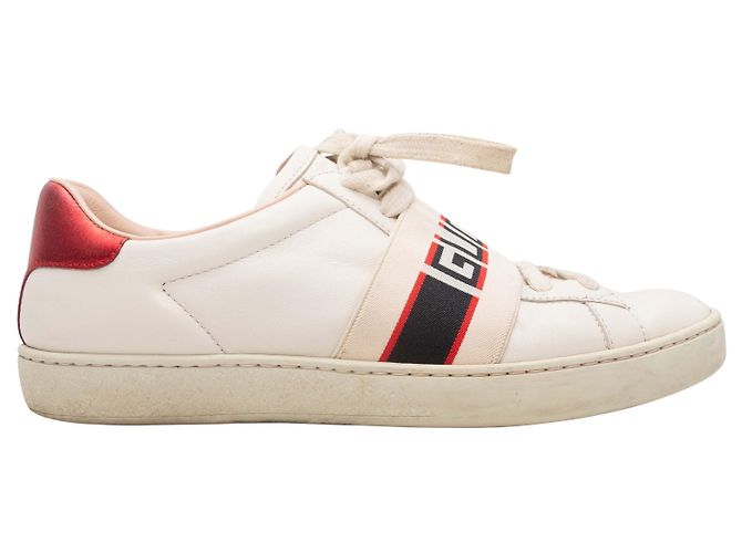 Gucci Low-Top Leder-Sneaker mit Schriftzug White & Multicolor Größe 37 Weiß