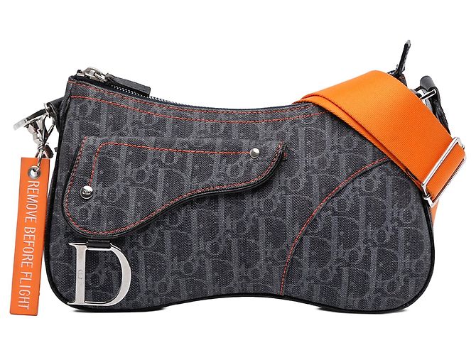 Borsa a tracolla Dior Oblique Denim Flight Double Saddle blu