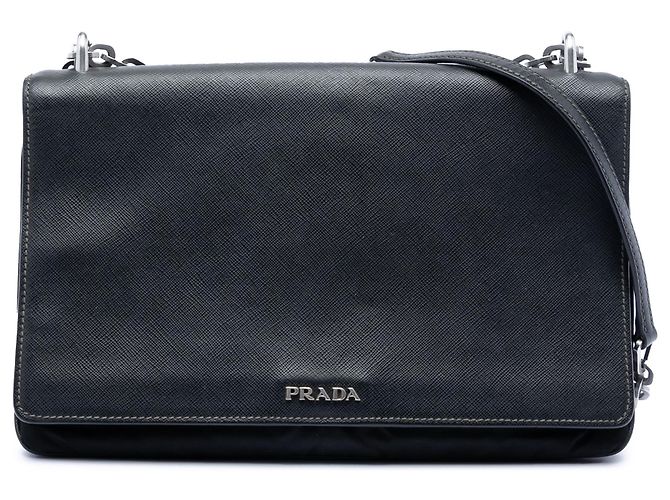 Borsa a tracolla con catena Black Prada Saffiano Lux e Tessuto Nero