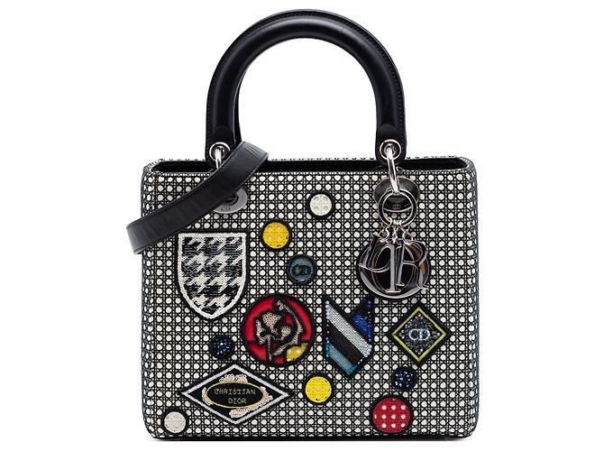 Borsa Lady Dior in pelle di vitello nera con inserti in mesh microcannage, misura Medium Nero