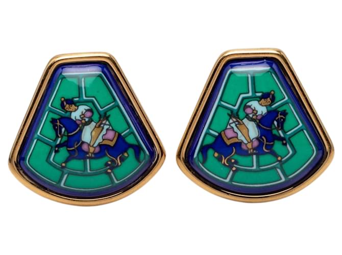 Green Hermès Enamel Jockey Cloisonne Clip On Earrings 