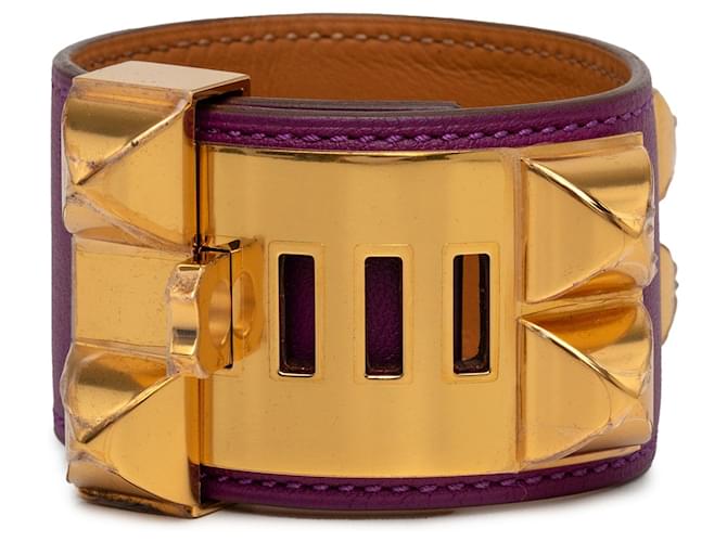 Pulseira Collier de Chien em couro Swift e banhada a ouro roxa Hermès T4 Roxo 